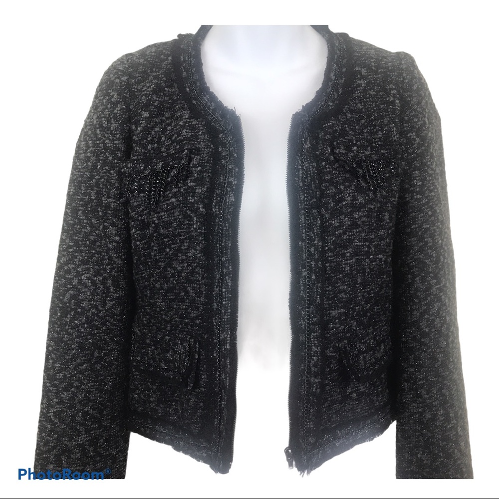 Retro 90's Girl Boss Tweed  Blazer Jacket Small Metallic Black Silver Chain